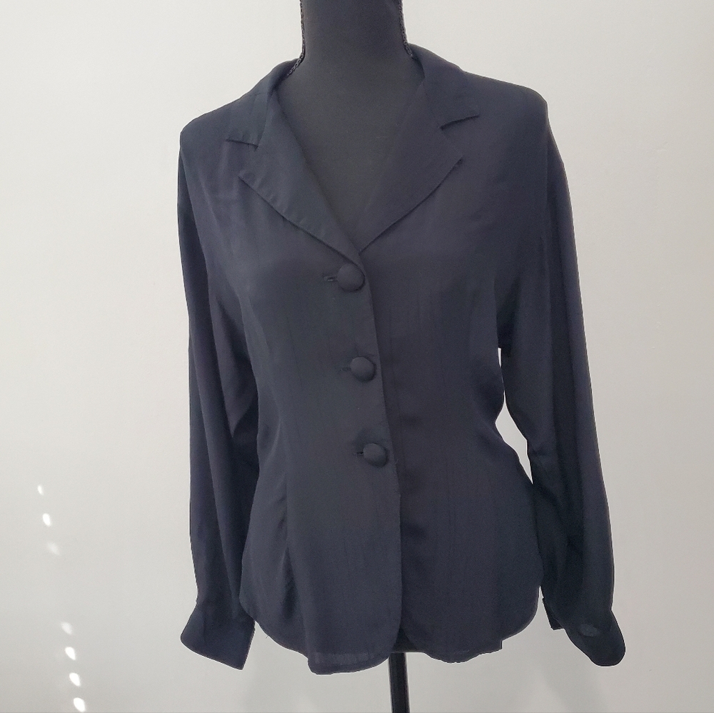 Vintage 90s Women's Black Blazer long sleeve button up blouse 100% Rayon Size M